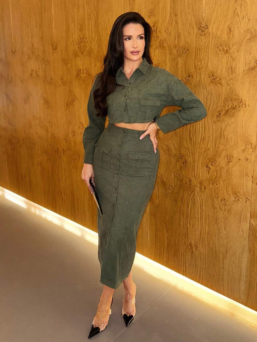 MDEdit Ladies' Solid Color Button Up Shirt And Split Hem Skirt Set  - Army Green - View 1