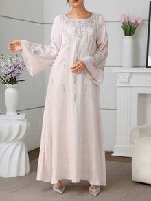 Al Najma Áo choàng dài tay xòe cổ vuông thêu sequin chắp vá thanh lịch dành cho nữ trong kỳ nghỉ Ramadan - Màu Tím - Xem 4