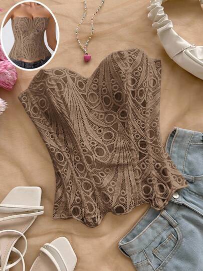 Soleia Top corset ajustado con encaje de doble capa y hombros descubiertos, body bordado hueco, adecuado para salidas nocturnas, blusas para mujer para salir, vestido de invitada de boda, ropa de mujer para otoño, talla grande, estilo europeo y americano joven de vacaciones sexy y vanguardista