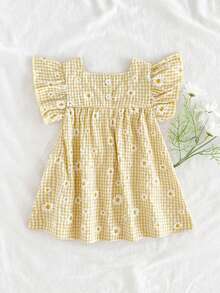 SHEIN Vintaside Kids 女童夏季黄色格子雏菊图案短袖迷你连衣裙，田园风格，清新图案，轻盈廓形，适合户外、休闲和派对穿着 - 黃色 - 查看 2