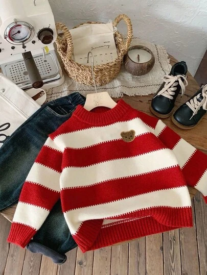 LMoss Kids LMoss 1件装 男童韩版可爱休闲条纹高领宽松保暖毛衣，可内搭或外穿，适合外出、上学、日常聚会、圣诞节、秋冬季 红白条纹毛衣 儿童针织毛衣 条纹毛衣