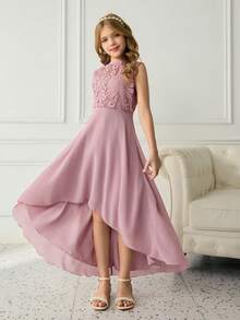 Đầm voan ren phối họa tiết, dáng dài ngang gối, chất liệu chiffon, vạt bất đối xứng, thích hợp cho bé gái cầm hoa và phù dâu nhí, dự tiệc cưới, dạ hội, sinh nhật, ngày Valentine. - Hồng - Xem 3