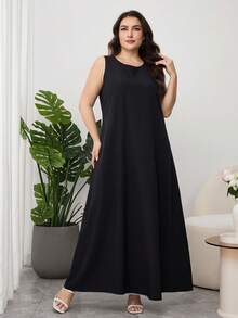Al Najma 1pc Plus Size Women Plain Round Neck Sleeveless Arabic Style Dress - Black and White - View 3