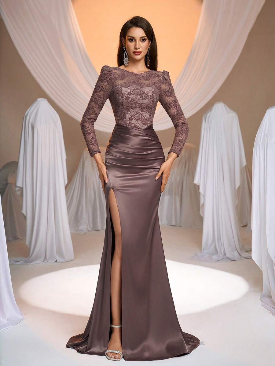 Aureia 优雅奢华法式撞色蕾丝圆领长袖褶皱腰身鱼尾裙摆正式晚礼服，商务正装，宾客礼服，正式礼服，情人节礼服 - 藕粉色 - 查看 1