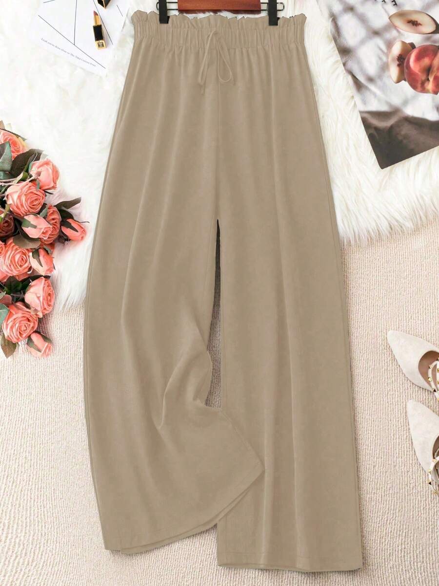 SHEIN PETITE CURVE Quần ống rộng màu đen trơn, chất liệu dệt, có bèo nhún, thắt eo, kiểu dáng thường ngày, dành cho nữ, thích hợp cho mùa xuân/hè. - Màu Khaki - Xem 1