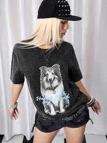 Y2Kool Maria Clara Maia 黑色水洗复古动物狗印花 Y2K 休闲街头宽松棉质圆领T恤，适合秋冬季节、派对、假日、日常穿着，展现颓废风情。这款T恤采用宽松版型，适合春日、生日、嘉年华等场合。 - 黑色 - 查看 6