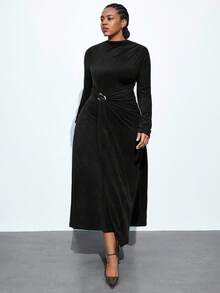 Maija Plus Size Women's Solid Color High Neck Long Sleeve Waist Ruched Metal Button Decor Maxi Dress, Black, Suitable For Holidays, Urban Commute, Business Casual, Summer, Valentine's Day Party, Gathering Black Dress Black Top - Black - View 1