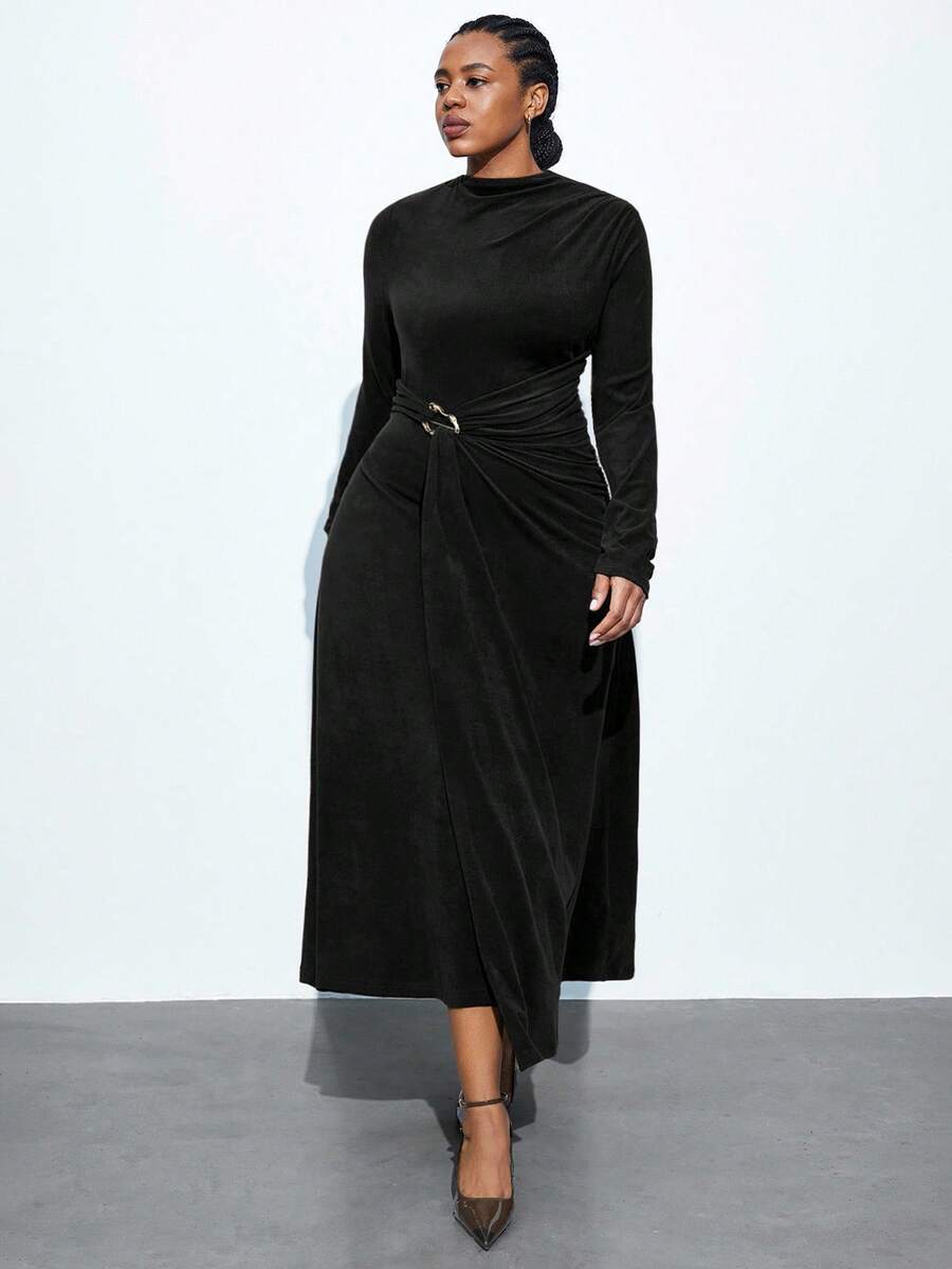Maija Plus Size Women's Solid Color High Neck Long Sleeve Waist Ruched Metal Button Decor Maxi Dress, Black, Suitable For Holidays, Urban Commute, Business Casual, Summer, Valentine's Day Party, Gathering Black Dress Black Top - Black - View 1