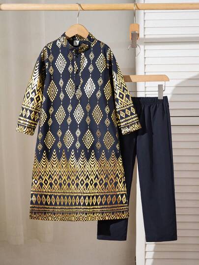 2 piezas Conjunto de bata con cuello Mao con adorno floral metálico y pantalón recto casual para niño, estilo de Oriente Medio, apto para primavera, verano, otoño, Ramadán, jalabiya, abaya