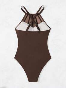 SHEIN Swim 女士纯色拼接网纱性感挂脖连体泳衣 - 咖啡棕 - 查看 5