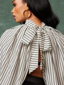 Vixey Gestreiftes, gewebtes Top mit Ballonärmeln und Schlitz-Saum - Schwarz und Weiss - Übersicht 5