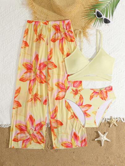 Tween Girl European & American Ins Style Floral Print 3 PiecesBikini Swimwear, Suitable For Island Vacation Two Pieces Tween Vacay Floral Print Pants Vacation Girls 2 Pieces Summer Two Pieces 2 Pieces Vacation Outfit Hawaii Outfits Tween Girls Tween Resort Wear Girls Yellow Floral Print Outfit Beach Wear Tween Beachy Tween Girl Clothes Girls Tropical Print Pant Set