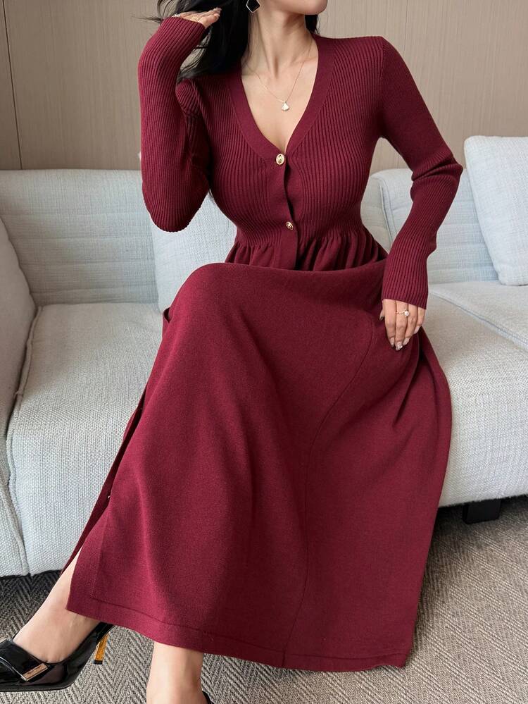 Women's Elegant Solid Color V-Neck Sweater Dress, Autumn/Winter