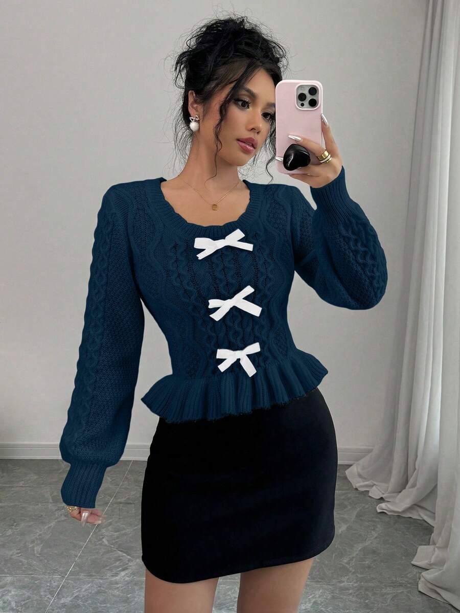 Selianne 新款圆领长袖蝴蝶结装饰休闲可爱女式套头毛衣 - 藏蓝色 - 查看 1