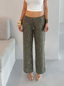 Shopreo Pantalón ancho de ganchillo con lentejuelas elegante para el verano, vestido de playa, vacaciones, estilo boho ibicenco para mujer - Verde Oliva - Ver 3