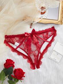 SHEIN 性感勃艮第酒红色蕾丝开裆女士外出内裤 - 酒紅色 - 查看 1