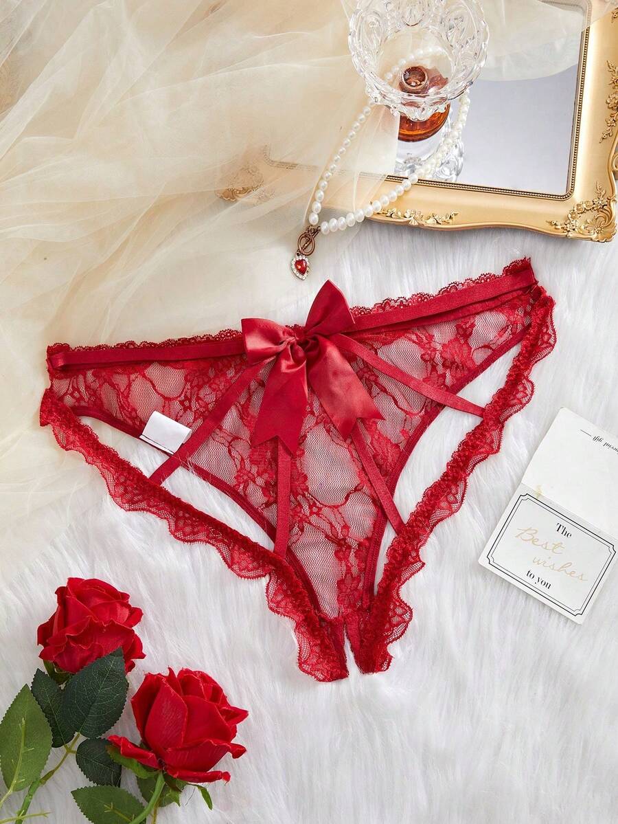 SHEIN 性感勃艮第酒红色蕾丝开裆女士外出内裤 - 酒紅色 - 查看 1