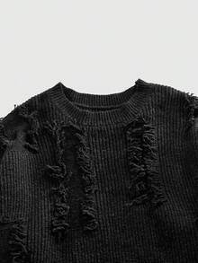 ROMWE MEN Grunge Punk Spring/Summer Casual Graphic Men'S Casual Solid Color Distressed Jacquard Knit Sweater, Autumn/Winter - Black - View 3