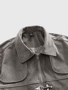 ROMWE MEN Street Life Spring/Summer Casual Graphic Men'S Solid Color Corduroy Zip-Up Long Sleeve Flight Jacket - Grey - View 11