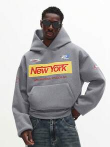Áo hoodie dáng ngắn in họa tiết SUMWON New York International Studios với túi giữa, kiểu dáng thường ngày. - Xám - Xem 3