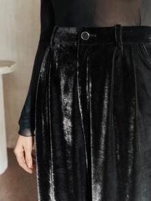 Anewsta Autumn/Winter Stylish Loose Fit Velvet Wide Leg Pants For Women, Elegant Business, Chic - Black - View 4