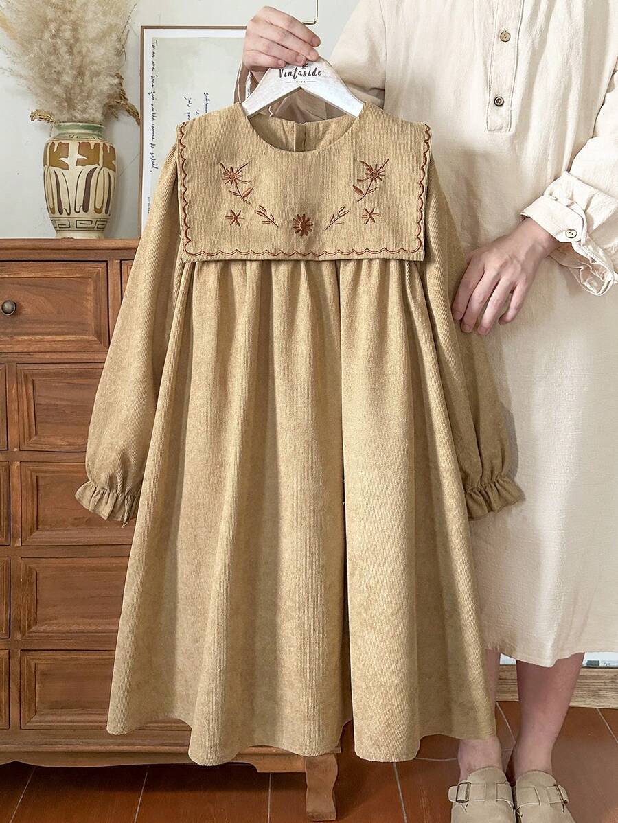 Vintaside Kids Girls' Khaki Artistic Long Sleeve Pullover Dress, Featuring Elegant Embroidered Neckline, A-Line Silhouette, Suitable For Outings, Casual Wear, And Birthday Parties - Khaki - View 1
