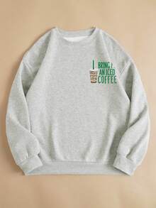 INAWLY Women's Sweatshirt / Give Me An Iced Coffee / Letter Pattern Embroidery / Embroidery Craft / Fashionable Sweatshirt / Cute New Year Party Sweatshirt / New Year Gift / Fun Sweatshirt / Casual Simple Fashion Sweatshirt / Women's Loose Casual Crew Neck Top / Autumn/Winter - Grey - View 2