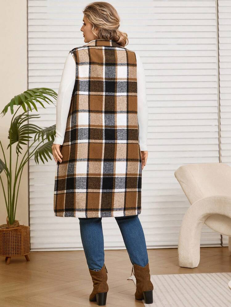 Plus Size Yellow And Brown Plaid Long Suit Collar Vest Jacket With Pockets, Fashionable For  Fall,Spring
