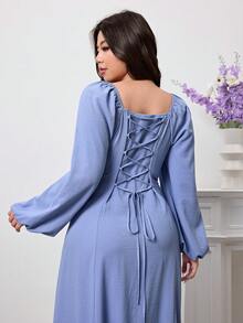 Modelyn Plus Size Women's Elegant Square Neck Maxi Dress, Lantern Sleeve, Ruffle, Tie Back, Solid Color, Autumn Long Dress, Suitable For Party, Office, Airport, Commute, Family Gathering, Banquet, Business, Afternoon Tea - Blue - View 2