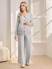 SHEIN 2pcs Maternity Set: Long Sleeve Hooded Cardigan With Front Buttons, Knit Wide Leg Pants - Grey - View 3