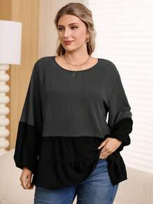 Rosumi 大码休闲冬季女式拼色灯笼袖衬衫 - 黑色 - 查看 4