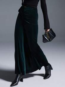 MYSTAURA Women's Elegant Low Waist Velvet Ruched Bodycon Skirt - Green - View 3