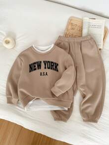 2pcs Kids Boy Casual Everyday Comfortable Letter Print Patchwork Contrast Color Crew Neck Loose Pullover Sweatshirt And Relaxed Fit Knit Pants Tracksuit Set, Suitable For School, Garden, Beach, Birthday, Spring, Summer, Fall, Winter