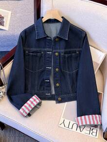 GlowEve Women's Striped Patchwork Denim Jacket - Dark Wash - View 1