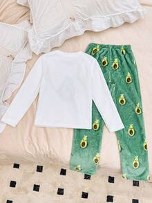 SHEIN Flannel Avocado Print Cozy Pajama Set For Big Girls - Green - View 2
