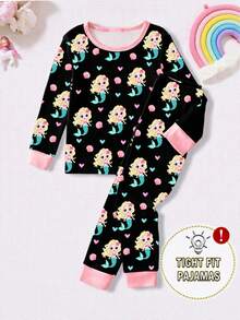 一套女童夜光美人鱼印花针织紧身睡衣套装，适合作为女孩礼物 - 黑色 - 查看 4