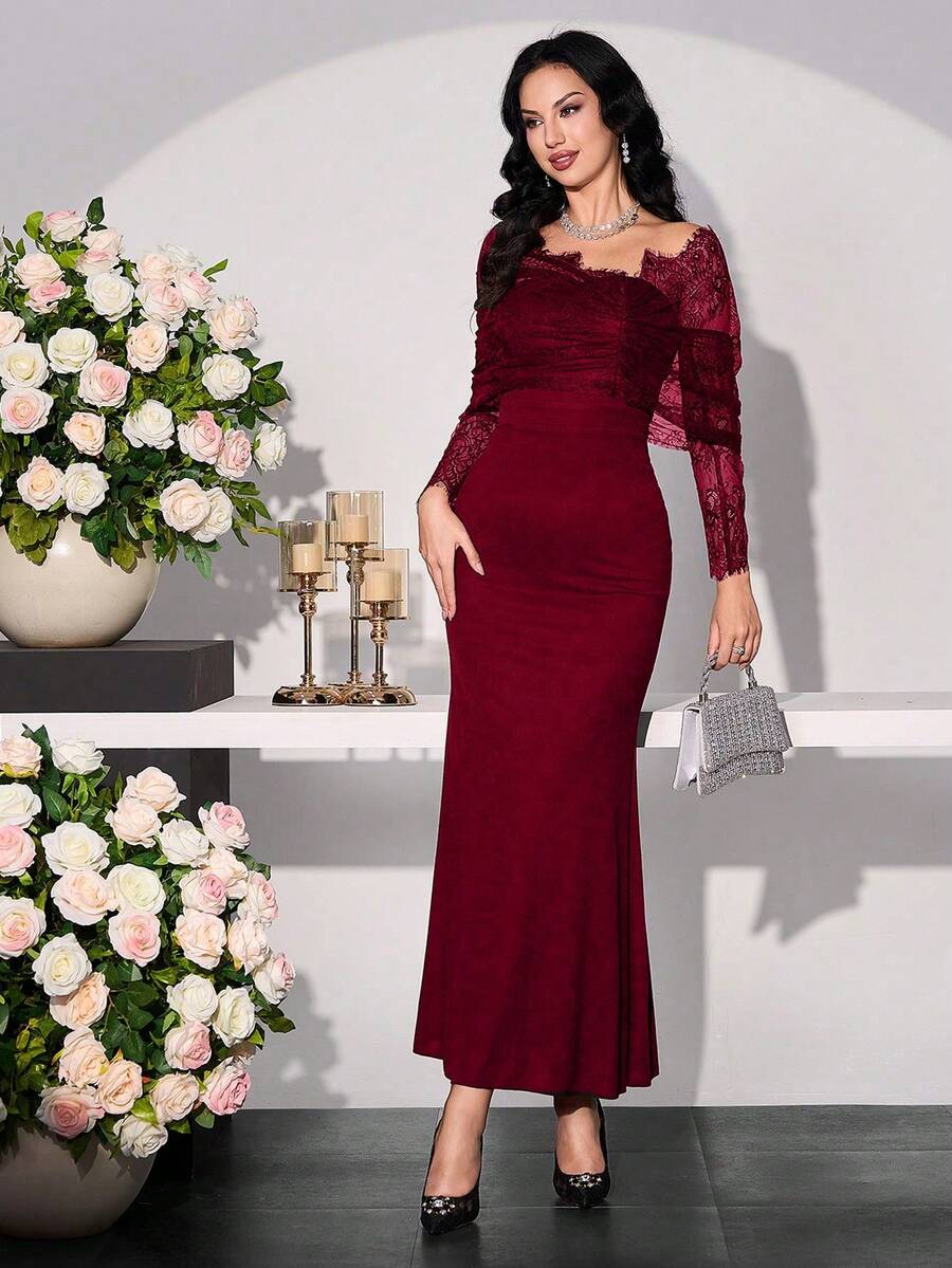 Modelyn Women's Lace Patchwork Asymmetrical Sleeve Long Dress - Red - View 1