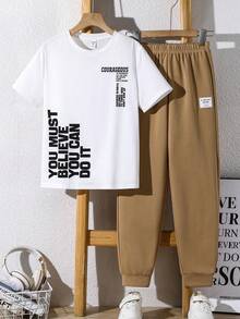SHEIN 2pcs Kids/Tween Boys Casual Everyday Comfortable Letter Print Pattern Crew Neck Loose Pullover Short Sleeve T-Shirt And Solid Color Relaxed Fit Pants Set Boy Casual Sets Boys Casual Pants Suit Outfit For 12 Years Old - Multicolor - View 8