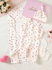 SHEIN 新生儿暖心礼盒套装：连体衣+帽子+手套+襁褓毯，红色爱心印花设计，柔软面料呵护娇嫩肌肤，前开襟按扣和脚套设计方便穿脱，可爱又舒适。 - 米色 - 查看 1