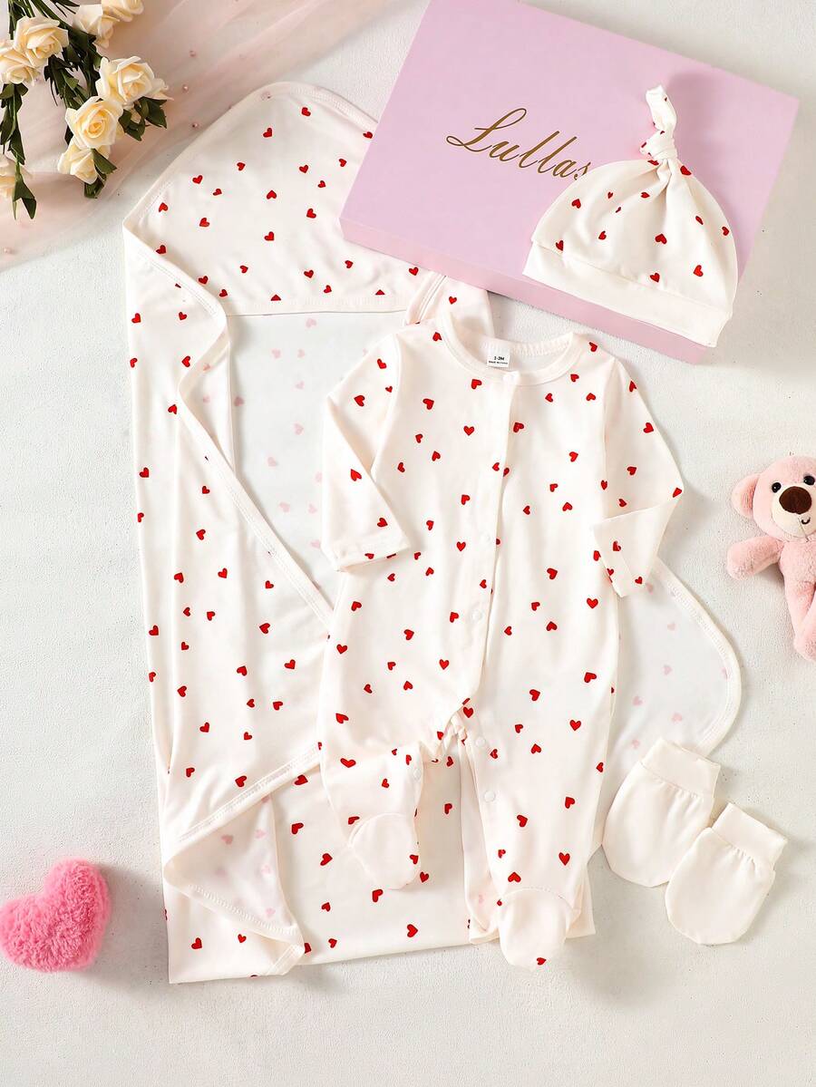 SHEIN 新生儿暖心礼盒套装：连体衣+帽子+手套+襁褓毯，红色爱心印花设计，柔软面料呵护娇嫩肌肤，前开襟按扣和脚套设计方便穿脱，可爱又舒适。 - 米色 - 查看 1