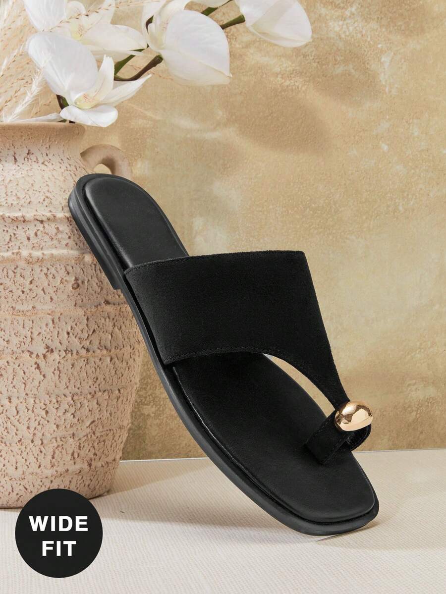 SHUZIA 女士宽楦户外平底凉鞋趾环套脚露趾拖鞋 - 黑色 - 查看 1