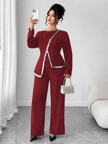 Elenzga Áo hai mảnh cổ tròn tay raglan dệt vải sequin cỡ lớn dành cho nữ kết hợp với quần ống đứng ôm, bộ đồ hai mảnh thanh lịch, tinh tế để mặc hàng ngày và dự tiệc - Đỏ - Xem 5