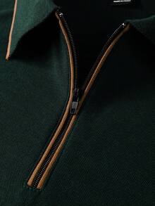 Manfinity Mode Men's Contrast Trim Half-Zip Casual Long Sleeve Polo Shirt Old Money,Daily Leisure, Weekend Trips, Outdoor Activities, Travel Expeditions, Relaxed Work Environments Or Semi-Formal Occasions, Boyfriend/Husband Gift, Anniversary /Birthday Gift Party Christmas New Years Wedding - Dark Green - View 5