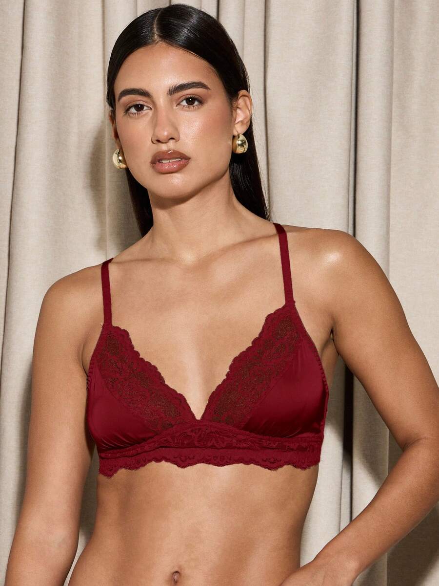 AiiRZ Lace Trimmed Deep V Neck Bralette With Adjustable Straps For Evening Occasions - Burgundy - View 1