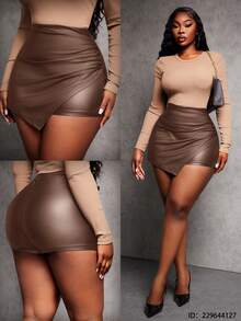 SHEIN SXY Celana Pendek Kasual Pas Badan Wanita Ukuran Besar Warna Cokelat dengan Hem Asimetris - Coklat - View 13