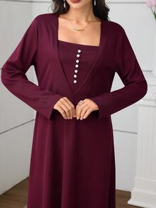 SHEIN Najma Square Neck Button Decor Long Sleeve Knit Dress For Women - Red Violet - View 5