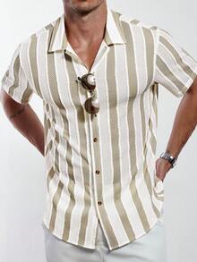 Manfinity Homme Áo sơ mi cổ polo sọc thường ngày dành cho nam - Màu Khaki - Xem 4