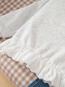 Genkimix Kids Girls Casual Chic English Slogan Embroidered Bow Decor Ruffle Hem Splice Gray Fleece Loose Drop Shoulder Long Sleeve Crew Neck Sweatshirt, Autumn - Grey - View 3