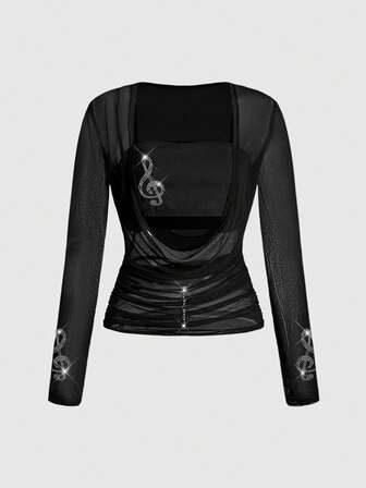 J-Fashion Top corto a collo profondo con vita arricciata, set da 2 pezzi in maglia in stile vintage Y2K per donna