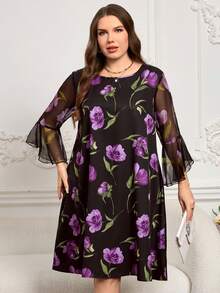 EMERY ROSE Vestido de fiesta elegante con estampado floral y mangas acampanadas para tallas grandes